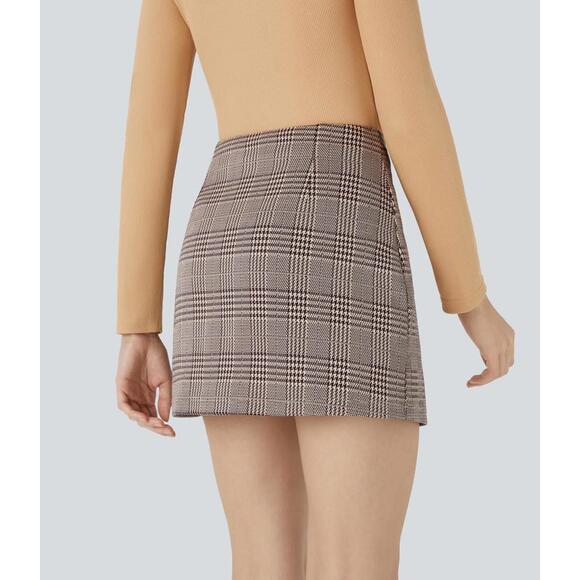 NWT Halara High Waisted 2-in-1 Houndstooth Plaid Mini Work Skirt Brown Plaid L - Picture 3 of 11